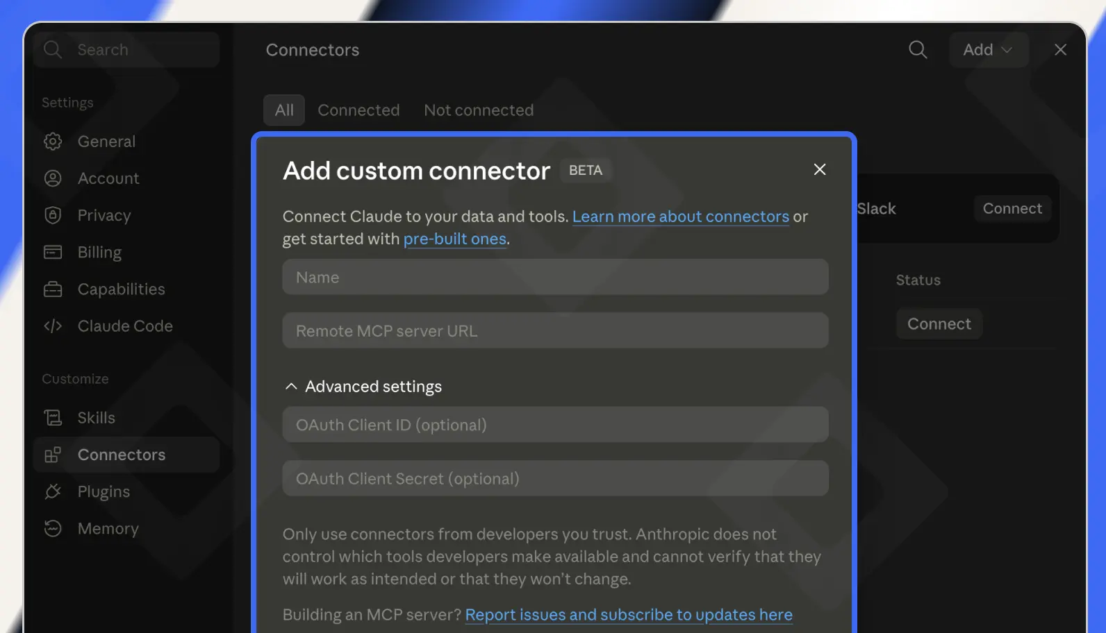Modal Adicionar conector personalizado do Claude com os campos Name e Remote MCP server URL